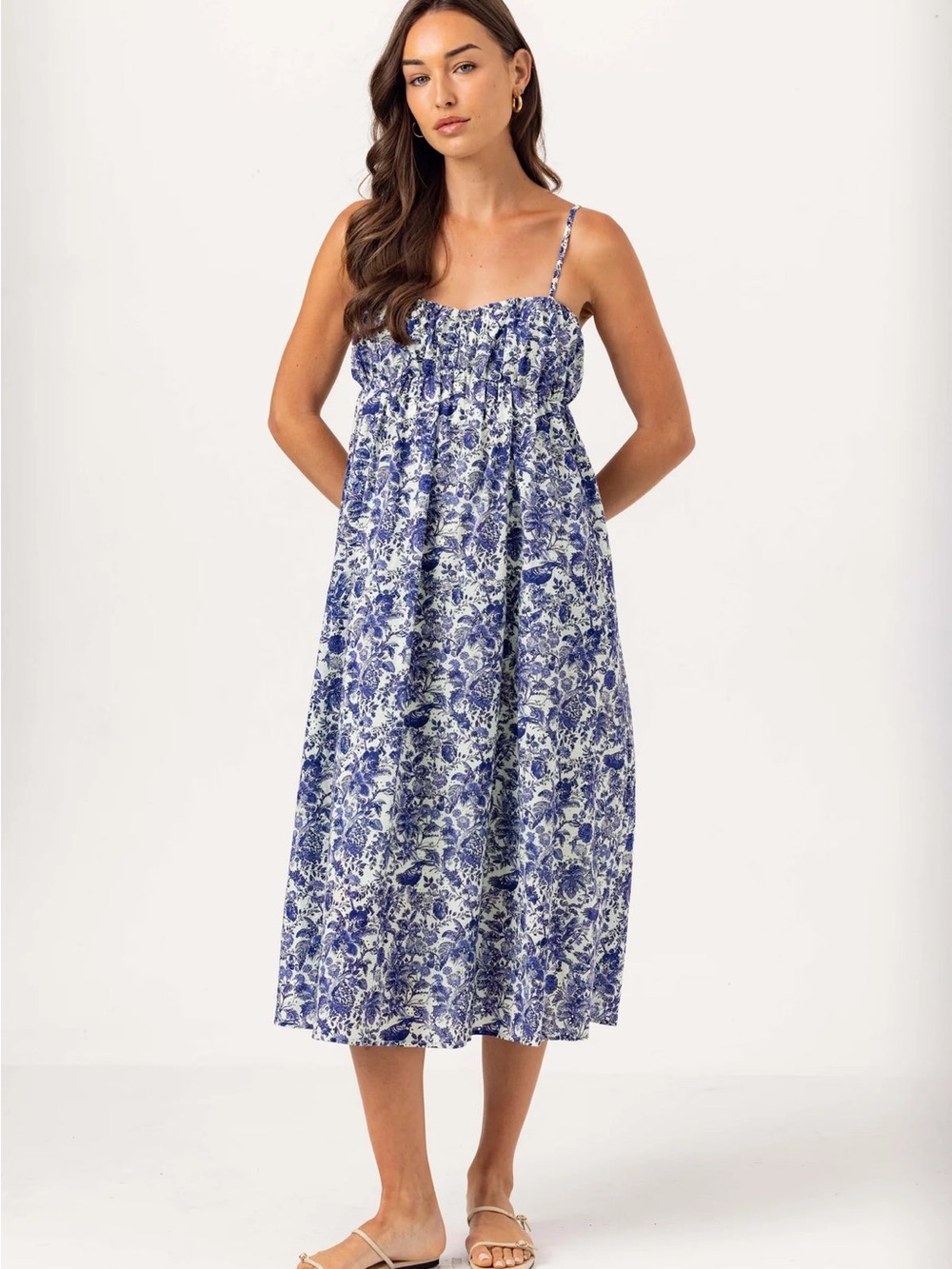 Sundays Verona Dress Blue Toile De Jouy Cotton Eyelet Maxi Pockets Medium NWT